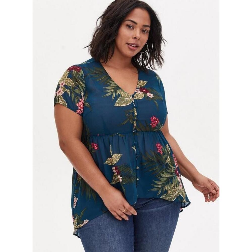 Torrid Womens Sheer Floral Tunic Top‎ Size 2X Button Front Tropical Short Sleeve